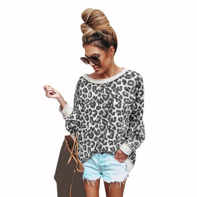 

Pullover Women T-Shirt Long Sleeve Leopard Print O-Neck Fashion Loose Tops