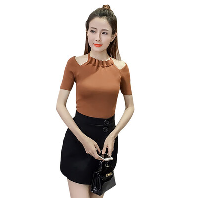 

Women Slim Elegant Ladies Solid T-shirt Women Summer Halter Top Short Sleeve Tee shirt