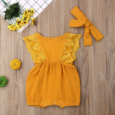

Infant Kids Baby Girl Lace Ruffled Romper Bodysuit Hair Band Outfit Summer