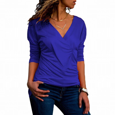 

Solid color V-neck long-sleeved slim T-shirt casual simple womens shirt