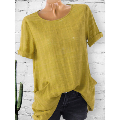 

Starmoon Women Vintage Patchwork Short Sleeve Shoulder Solid Color Shirts Blouse