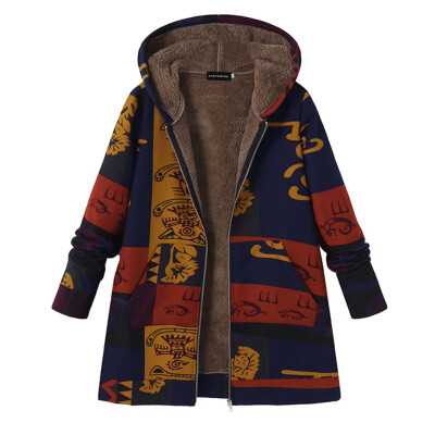 

Women Fashion Geometric Pattern Printed Hooded Jacket Ladies Casual Long Sleeve Thin Fluffy Fur Fleece Zipper Coat