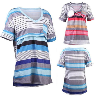 

Women Maternity Clothes Stripe Breastfeeding Top Short Sleeve Nursing T-shirt Blouse