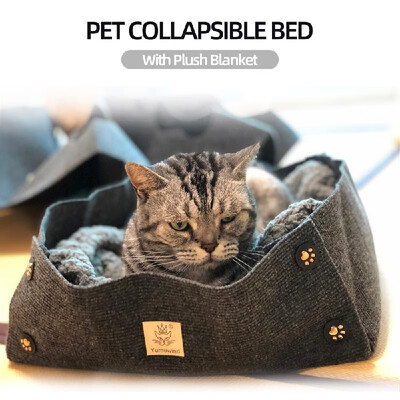 

Pet Bed Nest Collapsible Cat Bed with Plush Blanket for Cats Dogs Rabbits Pets