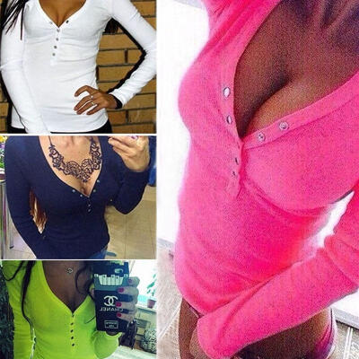 

Sexy Womens Long Sleeve Bandage Button V Neck Loose Tee Shirt Ladies Top Blouse