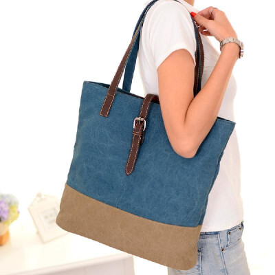 

Women Canvas Handbag Contrast Splicing Zipper Multi-Pocket Large Capacity Casual Laptop Bag Shoulder Tote Bag