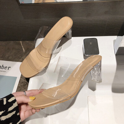 

Summer retro simple transparent thick with sandals ins port wind Korean women wearing high heels
