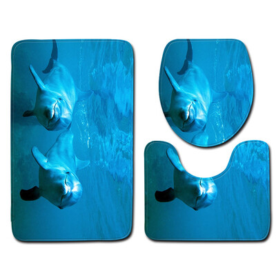 

Blue Sea Contour Carpet 3 Piece Rug Set Toilet Covers Non-slip Bathroom Mat