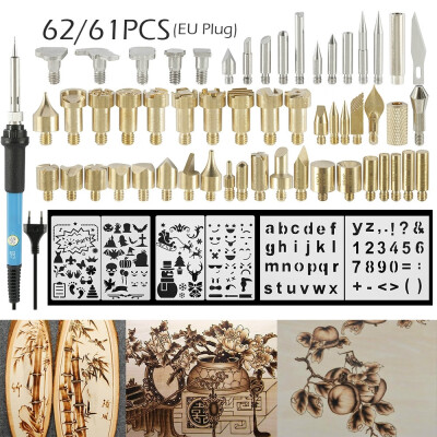 

6261Pcs 60W Electric Adjustable 200-450degreeC Pyrography Tool Soldering Iron Work Wood Burning Pen Tip KitEU Plug