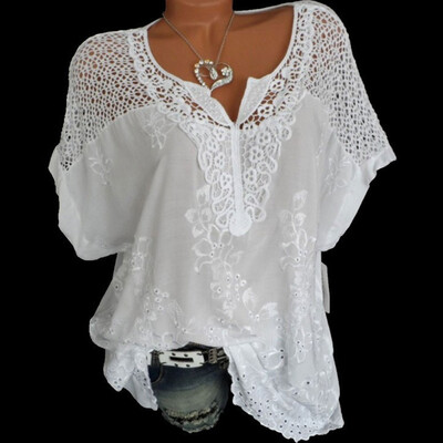 

Women V-Neck Short Sleeve Hollow Out Casual Blouse Loose Tops Summer T-Shirt