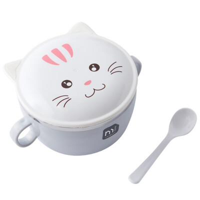 

Cartoon Instant Noodle Bowl Stainless Steel Large Bowl Household Tableware With Lid Spoon Anti-scalding Large Soup Bowl