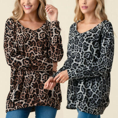 

Women Autumn Leopard Print Long Sleeve Button V Neck T Shirt Casual Blouse Tops