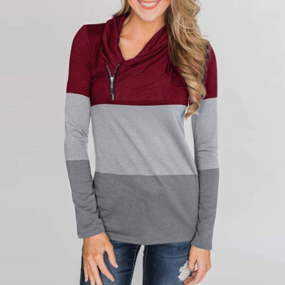 

Tailored Womens Casual Sweatshirts Zipper Long Sleeve Color Block Patchwork Pullover Tops