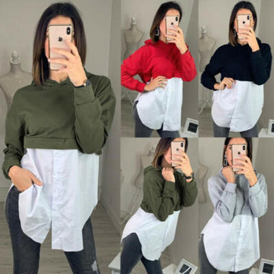 

US Stock Women Long Sleeve Stitching Tops Shirt Blouse Loose Casual Shirt Tops