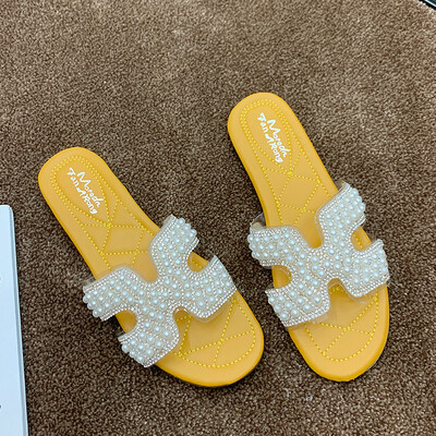 

Sandals&slippers wear 2019 new summer ins super hot Korean version of pearl water drill H drag network celebrity 100 word drag
