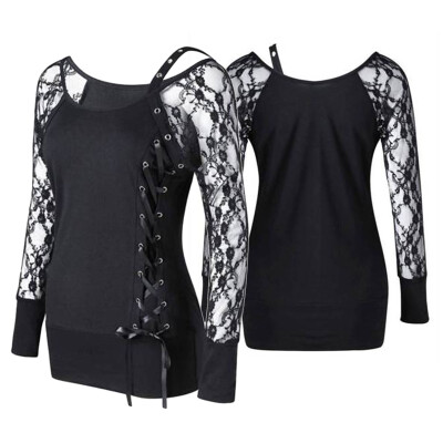 

Women Side Lace Up Patchwork Casual Tops T-Shirt Blouse Long Sleeve Shirt Tee