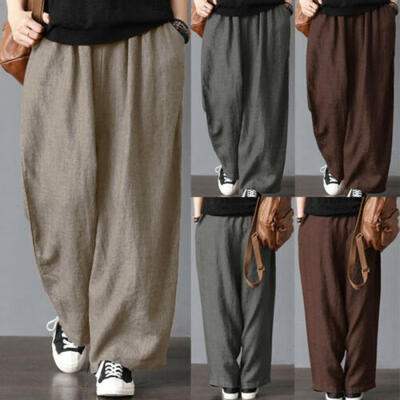 

US Plus Size Men Cotton&Linen Loose Pants Beach Drawstring Yoga Casual Trouser