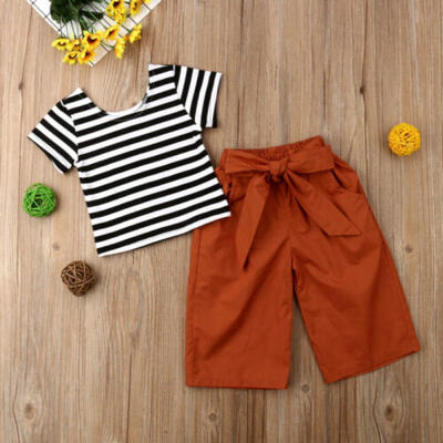 

2PCS Kids Baby Girl Summer Stripe Tops T-Shirt Bow Pants Leggings Outfit Sunsuit