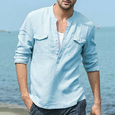 

Mens Linen Long Sleeve Shirt Slim Fit Summer Loose Casual V-Neck T-Shirts Tops