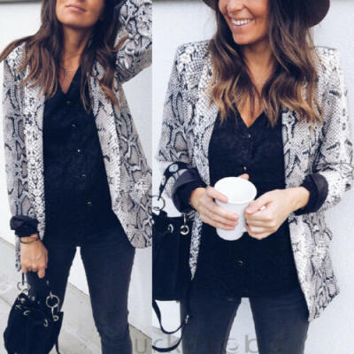 

Womens Python Print Leather Jacket Flight Coat Blazer Biker Casual Tops Clothes