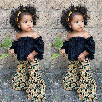 

2PCS Summer Toddler Kids Baby Girls Off-shoulder Tops Sunflower Flared Pants Outfits Fit For 1-6Y