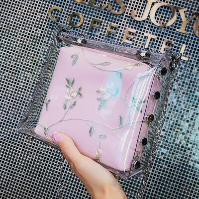 

Womens 2019 new Chaohan version of fashion 100 jelly transparent small square bag with one shoulder slanted bag for women