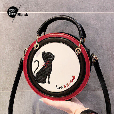 

Womens Shoulder Bag Cute Cat Handbag Circular Fashion Bags PU Leather Embroidery Round Messenger Crossbody bag womens 2019