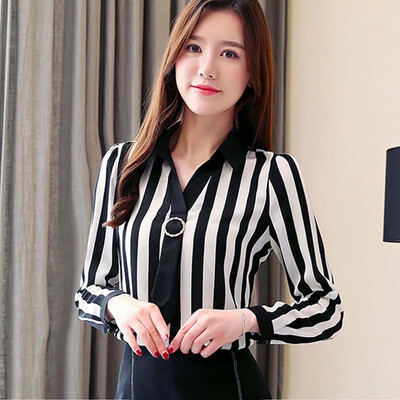 

Tailored Fashion Women Striped V neck Casual Shirt Loose Long Sleeve Top Blouse