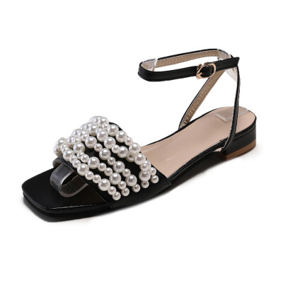 

Sandals women super-fire fairy wind summer open-toed pearl word buckle with thick-heeled Roman shoes tide