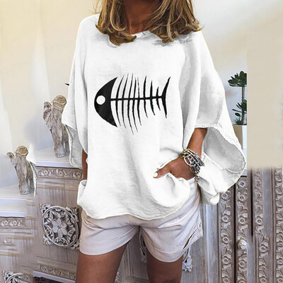 

Starmoon Women Casual Loose Linen Lantern sleeve Fish Bone Print Tanic Shirt Blouse Tops
