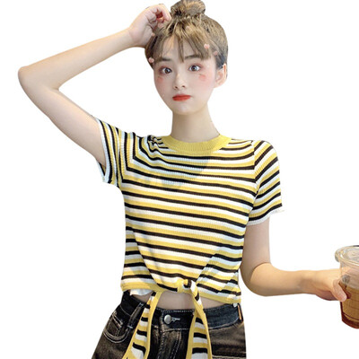 

Womens Pullover Casual Round Neck Striped Short Sleeve Slim Knitted Lace Up Crop Top