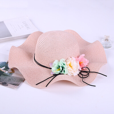 

Korean version ribbon flower straw hat female spring&summer wave-edged sunshade hat beach holiday sun hat