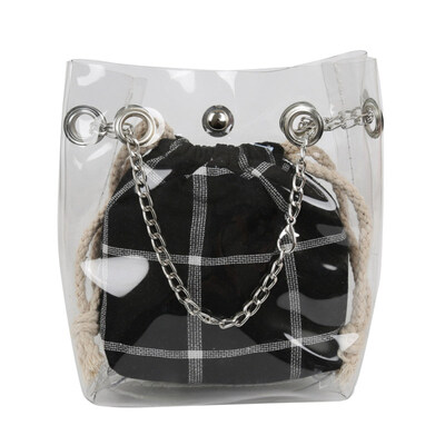 

2PcsSet Women Transparent Plaid Drawstring Chain Crossbody Shoulder Bucket Bag