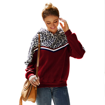 

Women Plush Sweater Hooded Leopard Stitching Long Sleeve Casual Warm Winter Autumn Loose Tops