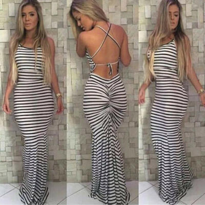 

AU Women Plus Size Strappy Striped Long Maxi Sundress Party Club Beach Dress