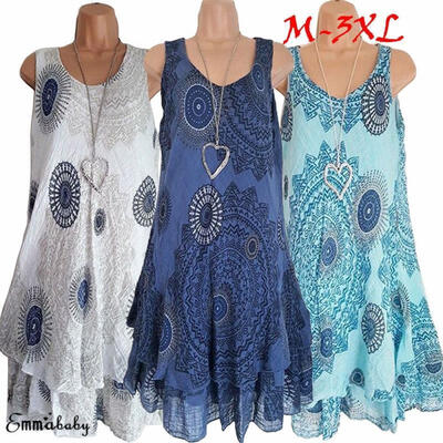 

Summer Women Boho Sleeveless Casual Loose Floral Mini Shirt Dresses Plus Size