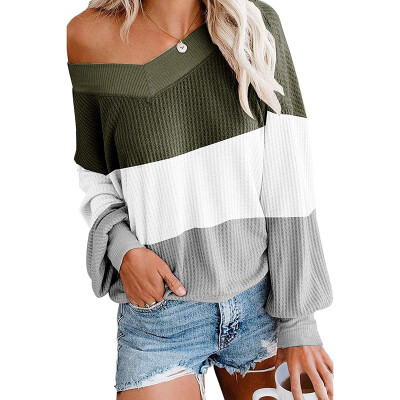 

Women V-neck Color Block Knit Sweater Pullover Warm Casual Pullover Jumpers Tops