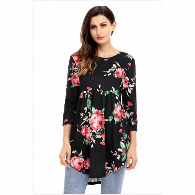 

Round neck cropped sleeves floral print short short long mid-length top