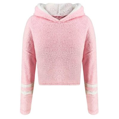 

Autumn Winter Women Plush Warm Hoodies Solid Color Long Sleeve Short Hooded Sweatshirt For Women Ladies Striped Hooded Pullover