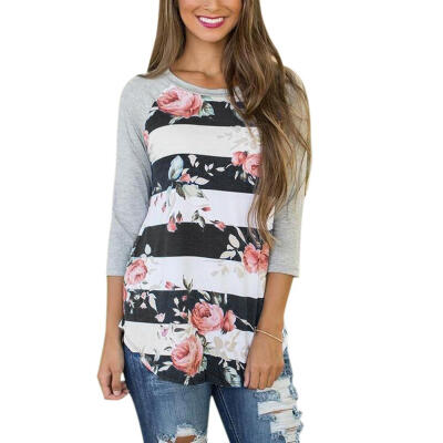 

Plus Size Splicing Striped Tee O-neck Flower Print T-shirt Women Loose Tops