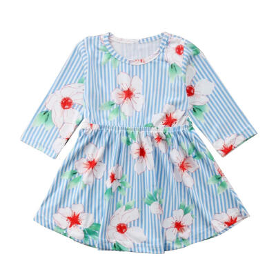 

Fashion Stripe Flowers Dress Girls Kids Loose Autumn Princess Cute Sundress