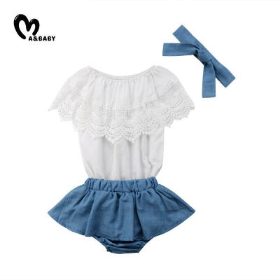 

Newborn Baby Girl Outfit Lace Ruffled TopDemin Shorts DressHeadband Clothes