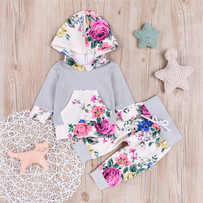 

Newborn Kids Baby Boys Girls Floral Hooded Tops Pants 2Pcs Outfits Set