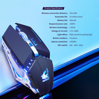 

Free Wolf Wireless Gaming Mouse with 1600DPI Adjustable DPI 24G Wireless Transmission Silent Click Mechanical Gaming Mouse with 6