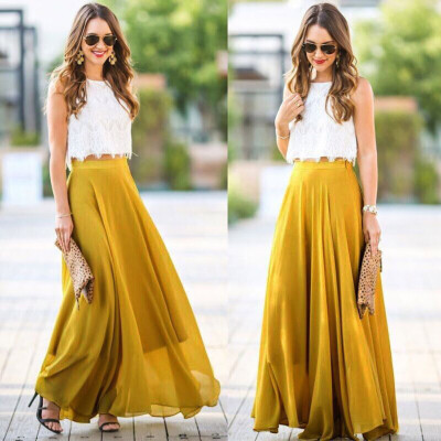 

Roseonmyhand Women Chiffon Stretch High Waist Maxi Dress Skater Flared Pleated Long Skirt