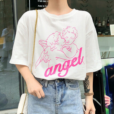 

Women Summer Round Collar Cartoon Print Loose Short Sleeve Casual T-Shirt Simple Wild Tops