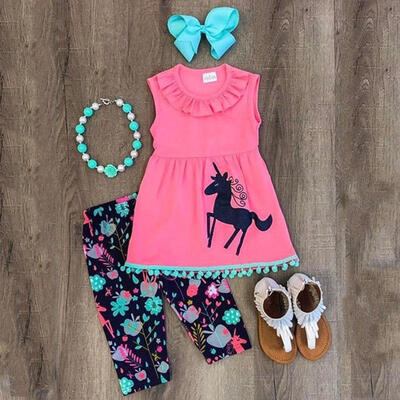 

Cute Kids Baby Girls Flowers Unicorn Dress Vest Top Pants Legging Outfit Clothes AU