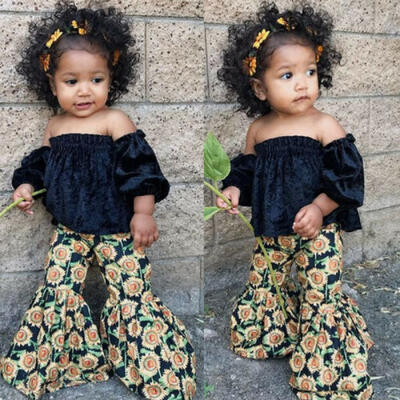 

Baby Girls Off Shoulder Crop Tops Bell Bottom Pants Outfits Set Clothes