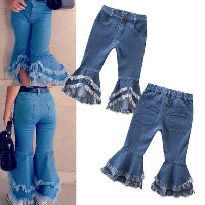 

New Trenty Kids Girls Jeans Long Pants Denim Ruffle Flared Pants Trousers Slacks 2-7Y