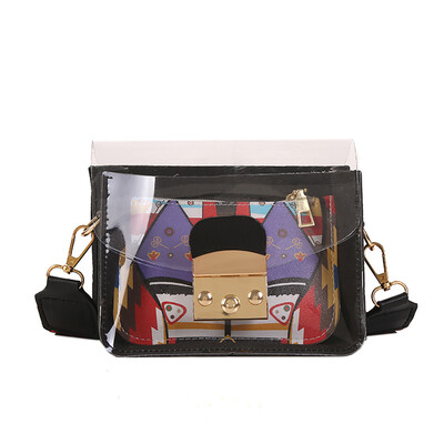 

2019 Summer Small Square Bag Transparent Jelly Messenger Bags Geometry Hit The Color Wide Webbing Single Shoulder Bags YJ